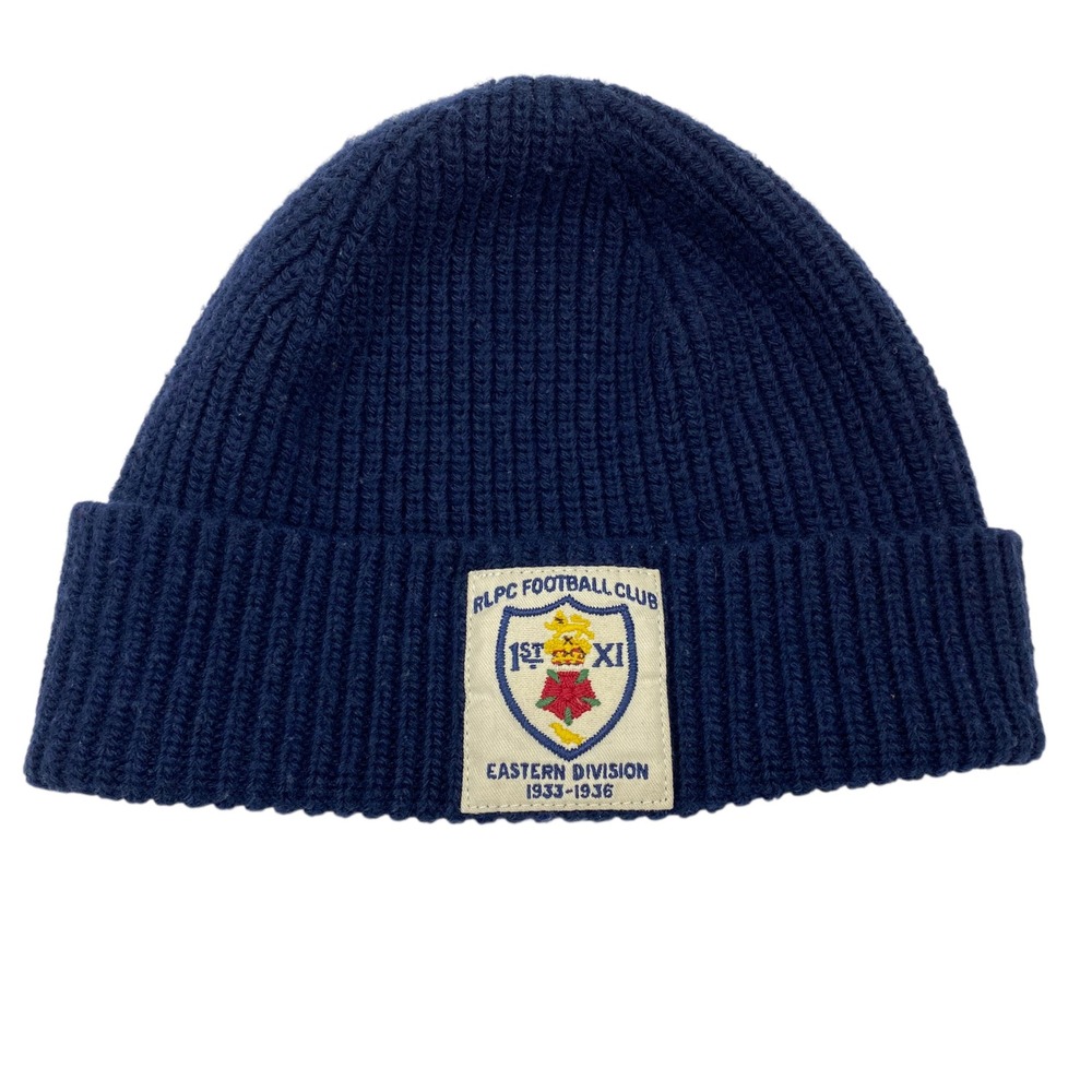 Polo Ralph Lauren RLPC Football Club Navy Blue Ribbed Knit Beanie Hat One Size